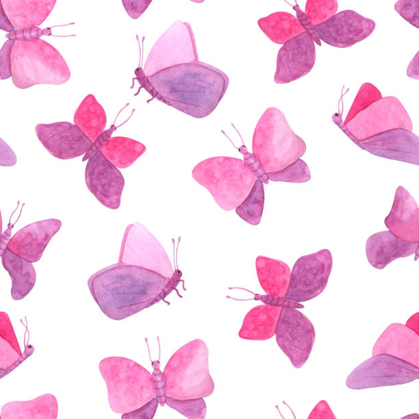 Watercolor seamless pattern with pink butterflies. Hand drawn fairy moth texture isolated on white background. Romantic design for Valentine's day, textile, cards, decoration. Watercolor seamless pattern with pink butterflies. Hand drawn fairy moth texture isolated on white background. Romantic design for Valentine's day, textile, cards, decoration butterfly fairy flower white background stock illustrations