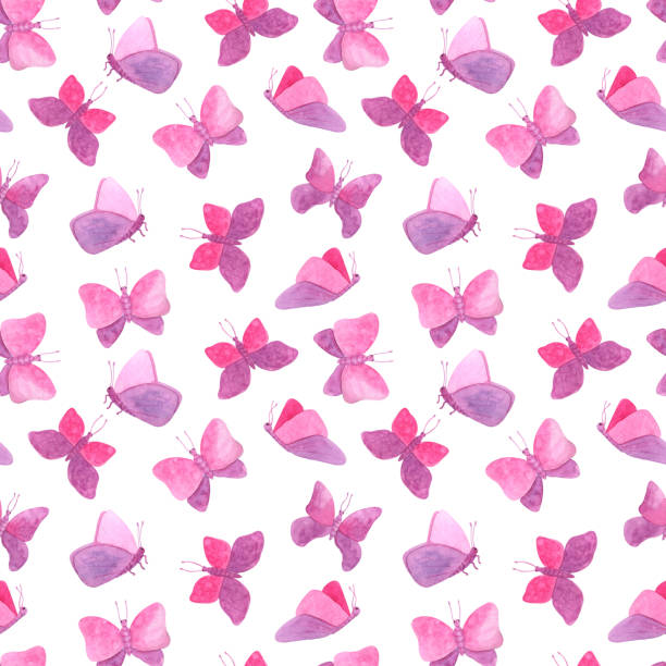 Watercolor seamless pattern with pink butterflies. Hand painted fairy butterfly texture isolated on white background. Romantic design for Valentine's day, textile, cards, decoration. Watercolor seamless pattern with pink butterflies. Hand painted fairy butterfly texture isolated on white background. Romantic design for Valentine's day, textile, cards, decoration butterfly fairy flower white background stock illustrations