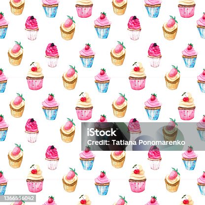 istock Watercolor seamless pattern with sweet dessert elements. Cupcakes with berries on a white background. 1366556042