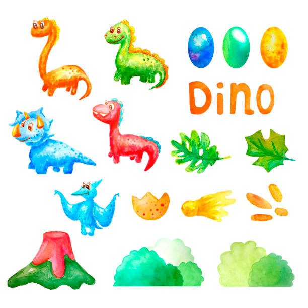 Watercolor set collection cute dinosaurs and colorful eggs, a volcano, leaves, comets,step,bushs and the words Dino on a white background isolated Watercolor set collection cute dinosaurs and colorful eggs, a volcano, leaves, comets,step,bushs and the words Dino on a white background isolated t rex foot stock illustrations