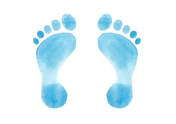 Watercolor set with blue baby foot print Watercolor hand drawn abstract baby blue foot print isolated on white background blue clipart stock illustrations