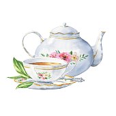 istock Watercolor tea pot with cup and green leaves on white background. Watercolour food illustration. 1283457721