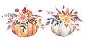 istock Watercolor Thanksgiving invitations bouquets with hand painted pumpkins, pink flowers. Romantic floral bouquet perfect for wedding greeting cards, invitation 1336302000