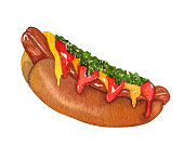 istock Watercolor traditional hotdog. Hand Drawn sosige with ketchup and cheese Illustration. 1346507910