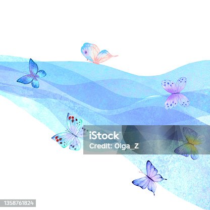 istock Watercolor transparent waves sea ocean teal turquoise colored background with butterflies 1358761824