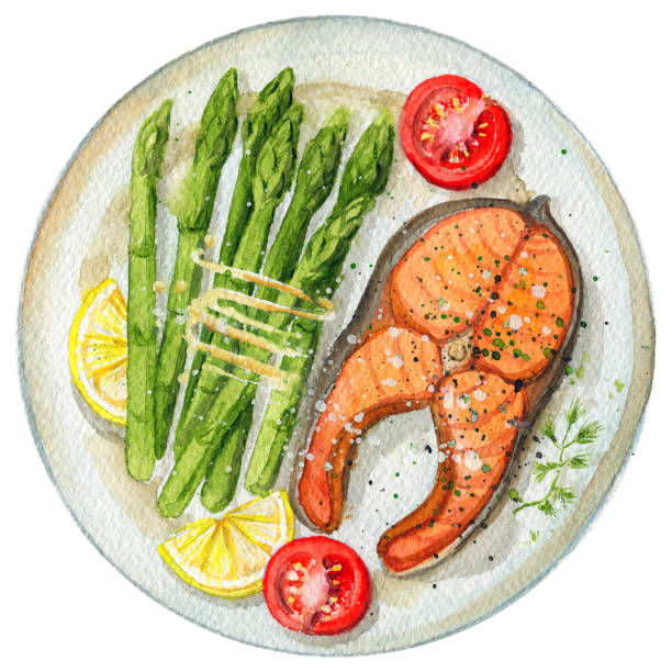 Watercolor trout steak on a plate with asparagus, lemon and tomatoes Steak from red fish on a plate with asparagus, lemon and tomatoes. Picture isolated at white background above view. Watercolor hand painted illustration healthy dinner stock illustrations