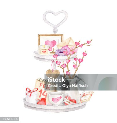 istock Watercolor Valentine's day decoration. Hand painted tiered tray illustration with cute decor isolated on white background. Romantic serving stand with cup, vase with branches, hearts, candle. 1365110135