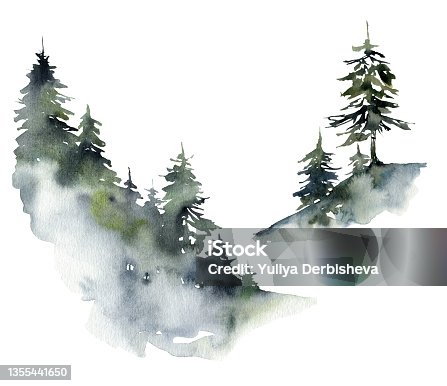 istock Watercolor winter minimalistic card of green forest and snow. Hand painted abstract fir trees illustrations isolated on white background. Holiday illustration for design, print, fabric or background. 1355441650