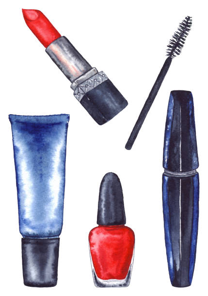 stockillustraties, clipart, cartoons en iconen met aquarel vrouwen mascara en crème tube en rode lippenstift en nagellak manicure cosmetica make-up set geïsoleerd - nail polish bottle close up