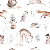 istock Watercolor Woodland animal Scandinavian seamless pattern. Fabric wallpaper background with Owl, hedgehog, fox and butterfly, rabbit forest squirrel and chipmunk, bear and bird baby animal, 1251219393
