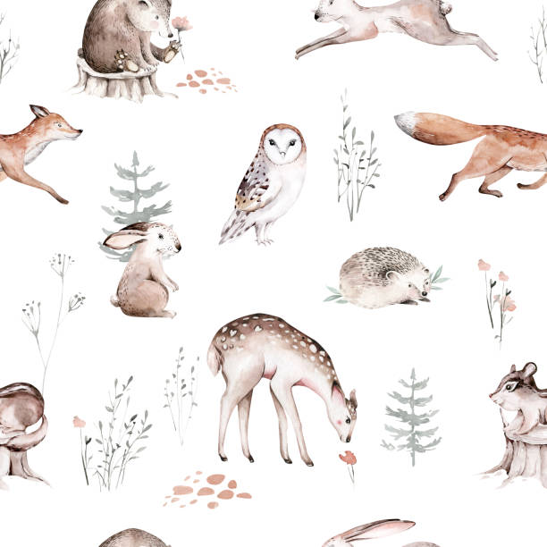 Watercolor Woodland animal Scandinavian seamless pattern. Fabric wallpaper background with Owl, hedgehog, fox and butterfly, rabbit forest squirrel and chipmunk, bear and bird baby animal, Watercolor Woodland animals seamless pattern. Fabric wallpaper background with Owl, hedgehog, fox and butterfly, Bunny rabbit set of forest squirrel and chipmunk, bear and bird baby animal, Scandinavian Nursery rabbit animal stock illustrations