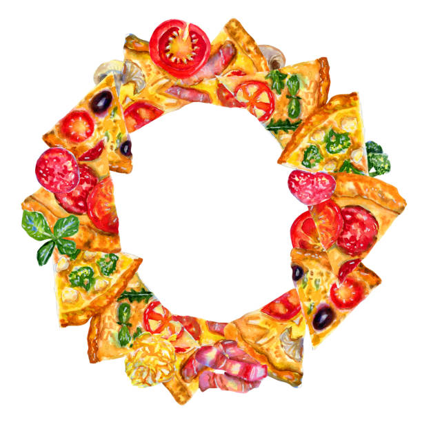 Watercolor wreath with pizza and ingredients on white Watercolor hand drawn wreath with pizza and ingredients on white background. Love Italian food concept margherita stock illustrations