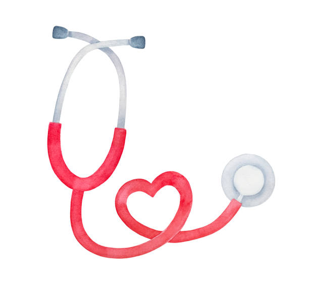 Watercolour illustration of bright red stethoscope, shaped as a heart. One single object, top view. Hand painted water color graphic drawing on white, cutout clipart element for design decoration. Hand drawn watercolor illustration. nurse drawings stock illustrations