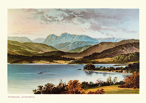 Vintage illustration of Waterhead, Windermere, English Lake District, Victorian 19th Century landscape.