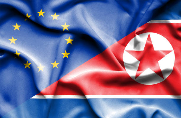 waving flag of north korea and eu - north korea 幅插畫檔、美工圖案、卡通及圖標
