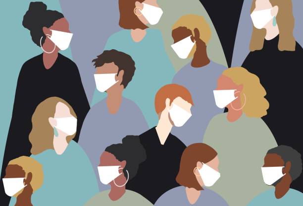 stockillustraties, clipart, cartoons en iconen met het dragen van een medisch gezichtsmasker voor de wintervirussen - verkoudheid en griep