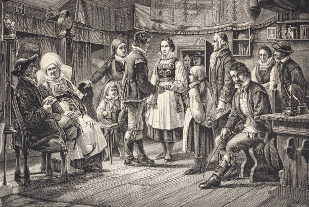 bildbanksillustrationer, clip art samt tecknat material och ikoner med a wedding in herrestad, province of skåne in sweden - illustration from 1876 - skåne