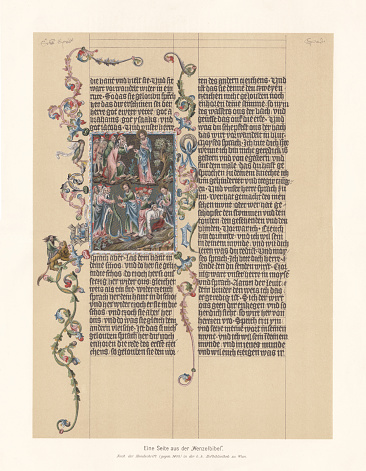 A page from the Wenceslas Bible - a splendid manuscript created between 1390 and 1400 in Prague. The German-language Bible was written and painted for King Wenceslaus IV of Bohemia. It contains a the oldest translations of the Old Testaments in English. The text is from Exodus 4, verse 4 - 15. Facsimile (chromolithograph) after an original medieval parchment in the Austrian National Library, Vienna, published in 1897.