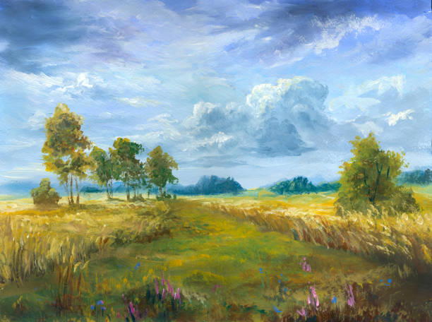 wheat field, oil painting vector art illustration