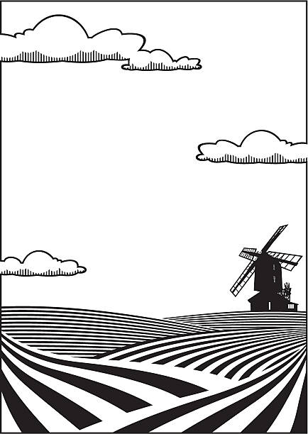 Wheatfield background Black and white windmill background corn field stock illustrations