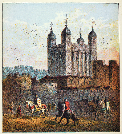 Vintage illustration, White Tower, Tower of London in medieval times