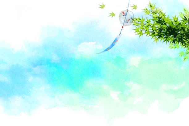 風鈴、新緑と空(ソフト画像)(背景は水彩タッチ) - 木漏れ日点のイラスト素材／クリップアート素材／マンガ素材／アイコン素材