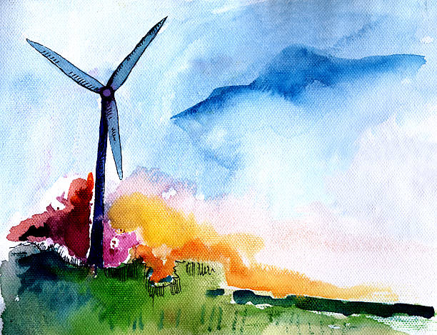 bildbanksillustrationer, clip art samt tecknat material och ikoner med windmill hand-painted watercolor - wind turbine sunset