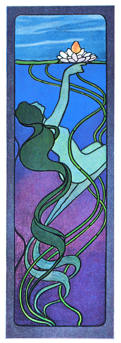 Window stained glass mermaid with waterlily art nouveau illustration 1898
Art Nouveau is an international style of art, architecture, and applied art, especially the decorative arts, known in different languages by different names: Jugendstil in German, Stile Liberty in Italian, Modernisme català in Catalan, etc. In English it is also known as the Modern Style. The style was most popular between 1890 and 1910 during the Belle Époque period that ended with the start of World War I in 1914.
Original edition from my own archives
Source : Deutsche Kunst und Dekoration Band I 1898