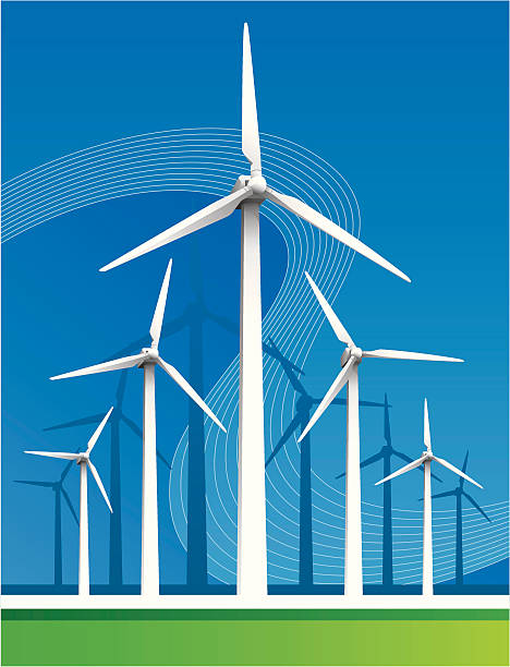 Windturbines perspective Windturbines with blue sky background. Hi-res jpeg and AI file included with the vector EPS file. wind turbine stock illustrations