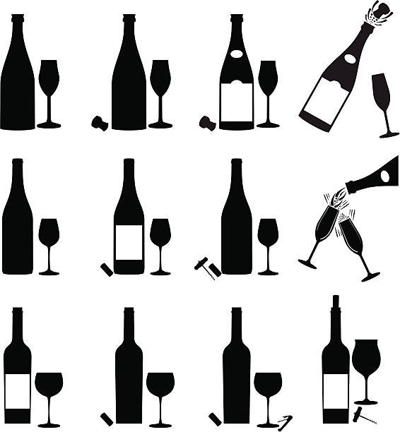 Wine Icon Set Wine bottles, champagne, cork, corkscrew and glass silhouettes champagne silhouettes stock illustrations