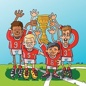 "Vector illustration of a winning sports team with a big trophy. They are celebrating their victory. The line art, color and background are on separate layers, so you also can use the figures on your own background. The colors in the .eps-file are ready for print (CMYK). Included files: EPS (v8) and Hi-Res JPG."