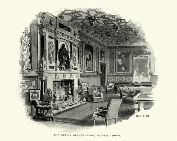 bildbanksillustrationer, clip art samt tecknat material och ikoner med vinter salongen hatfield house, 1800-talet - hatfield