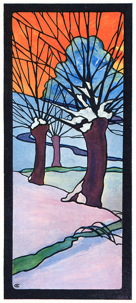 Winter landscape stained glass window pollard willow art nouveau illustration 1898
Art Nouveau is an international style of art, architecture, and applied art, especially the decorative arts, known in different languages by different names: Jugendstil in German, Stile Liberty in Italian, Modernisme català in Catalan, etc. In English it is also known as the Modern Style. The style was most popular between 1890 and 1910 during the Belle Époque period that ended with the start of World War I in 1914.
Original edition from my own archives
Source : Deutsche Kunst und Dekoration Band I 1898
