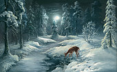 istock Winter Night In Forest, oil painting 850996222