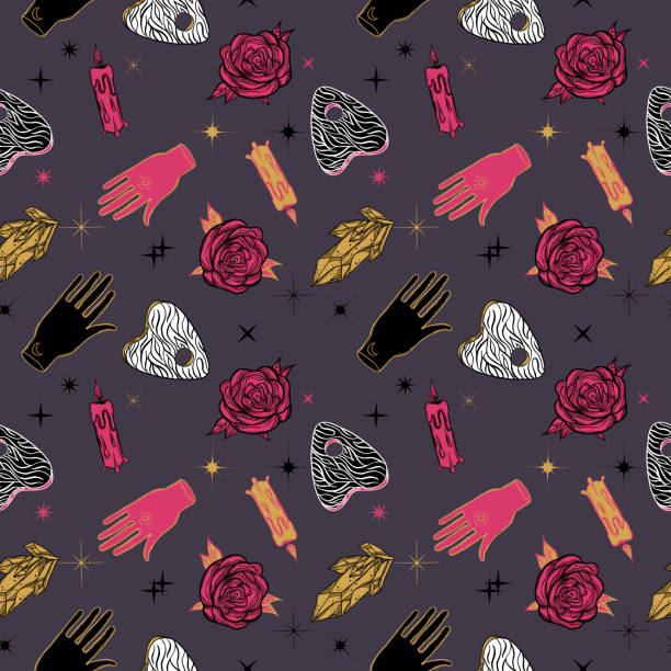 Witchcraft seamless pattern with roses, magic hands, ouija board,candle and crystal. Mystic, occult background. Trendy vector illustration. Witchcraft seamless pattern with roses, magic hands, ouija board,candle and crystal. Mystic, occult background. Trendy vector illustration. planchette stock illustrations