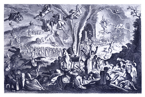 Witches' Sabbath 17th century
As Hexensabbat or Teufelstanz designated hexene theorists in the early modern regular secret, nocturnal, solid-like so-called meeting hexene and Hexer a region with the devil at a certain, usually remote place, the so-called Hexentanzplatz .
Original edition from my own archives
Source : Bilder-Atlas - Ikonographische Encyklopädie 1870
after Michael Herr (1626): Witches' Sabbath on the Brocken ( B. Berg / Blocksberg )