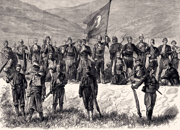 1877 : WITH THE TURKS BEFORE PLEVNA-WAITING FOR THE ATTACK -XXXL with lots of details- The Siege of Plevna, or Siege of Pleven, was a major battle of the Russo-Turkish War of 1877 - 1878, fought by the joint army of Russia and Romania against the Ottoman Empire. 
Vintage etching circa late 19th century bills patriots stock illustrations