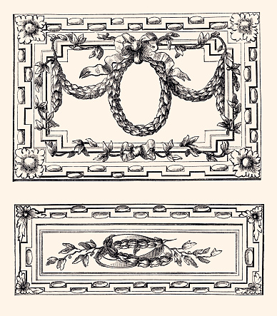 Ornament designed for marquetry by Fay, in the style Louis XVI. Vintage engraving circa late 19th century. Digital restoration by Pictore.
