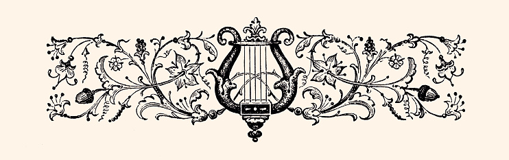 Design element: Antique Lyre, with a decor of flowers and foliage.
Vintage engraving circa late 19th century. Digital restoration by Pictore.