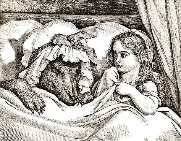 Wolf and Girl - Victorian Steel Engraving Wolf dressed in clothing lies next to girl in bed  - Victorian Steel Engraving 1879.  wolf in sheeps clothing stock illustrations