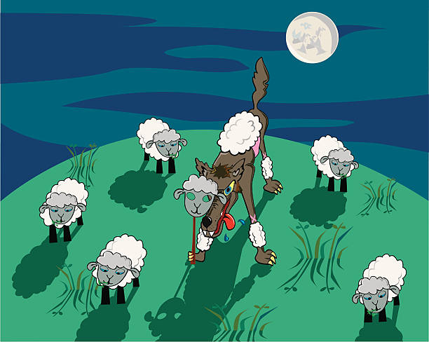 Wolf in Sheeps Clothing "An untrustworthy wolf, bathed in moonlight, awaits on a hillside disguised as a sheep" wolf in sheeps clothing stock illustrations