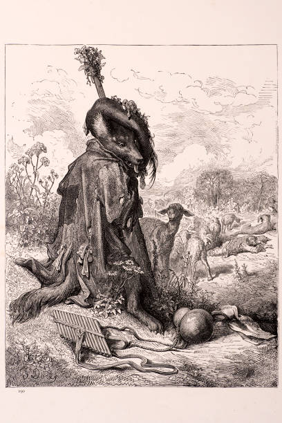 Wolf turned shepherd "The Wolf turned shepherd a scene from the traditional Aesop's Fables. Engraving from 1870. Engraving by Gustave Dore, Photo by D Walker." wolf in sheeps clothing stock illustrations