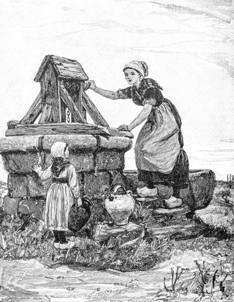 Woman and girl at a well from the 'English Illustrated Magazine' 1886 Woman and girl at a well from the out-of-copyright book 'English Illustrated Magazine' published in 1886. thomas wells stock illustrations