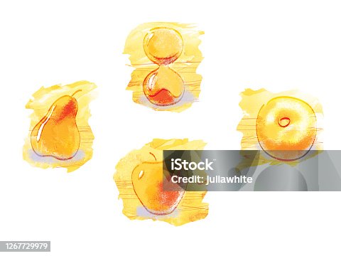 istock Woman figure types: apple, pear, hourglass, donut. Symbolic illustration on watercolor texture background. 1267729979