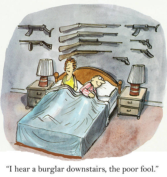 Woman Hears Burglar Cartoon showing couple in bed, husband is smiling, there are 10 guns on the wall.  Wife says, "I hear a burglar downstairs, the poor fool." nra stock illustrations