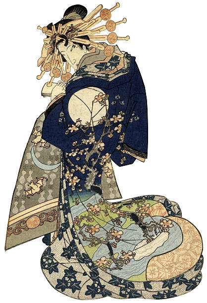 Woman in a Traditional Japanese Kimono Beautiful traditional Japanese Woodblock print circa 1850 by the master artist Eisen, showing a woman in a highly patterned kimono. Textiles contains images of the moon,bats, water and cherry blossom trees in bloom. Highly evocative because the woman holds a book in her hand. japan illustrations stock illustrations