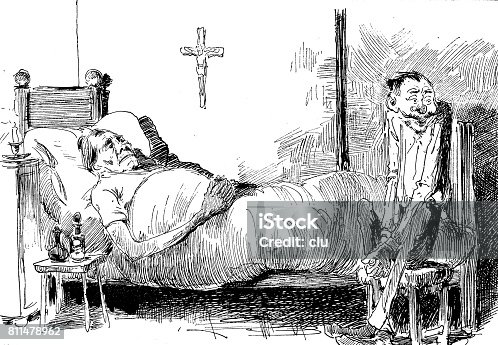 istock Woman lying in bed, sick and man sitting on chair on her side 811478962