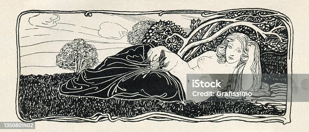 istock Woman lying naked in grass dreaming art nouveau 1897 1350801402