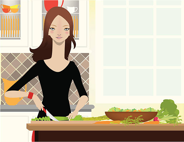 ilustrações de stock, clip art, desenhos animados e ícones de mulher fazendo salada - woman chopping vegetables