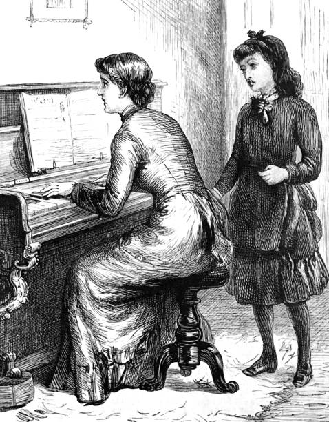 illustrazioni stock, clip art, cartoni animati e icone di tendenza di donna che suona il pianoforte, ragazza dietro il suo ascolto - mozart bambino